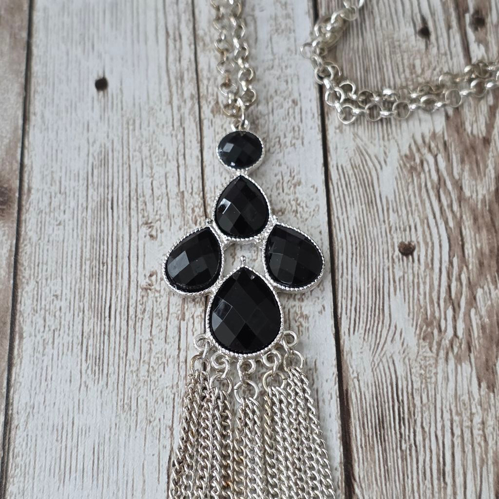 Women's Long Necklace Silver and Black